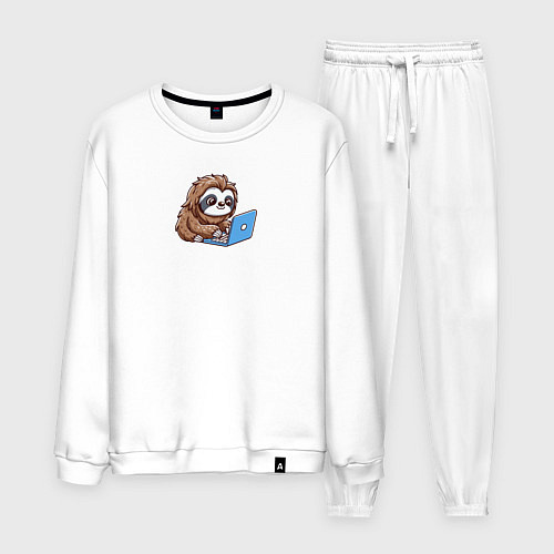 Мужской костюм Ленивец работает за ноутбуком / Белый – фото 1