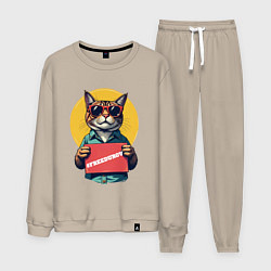 Костюм хлопковый мужской Сat with a poster, цвет: миндальный