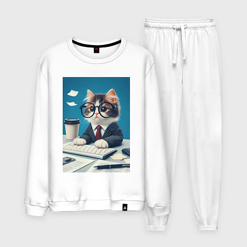 Мужской костюм Котёнок офисный планктон - нейроарт / Белый – фото 1