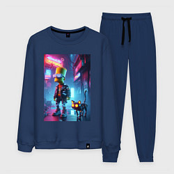 Костюм хлопковый мужской Барт Симпсон гуляет с роботом котом в ночном город, цвет: тёмно-синий