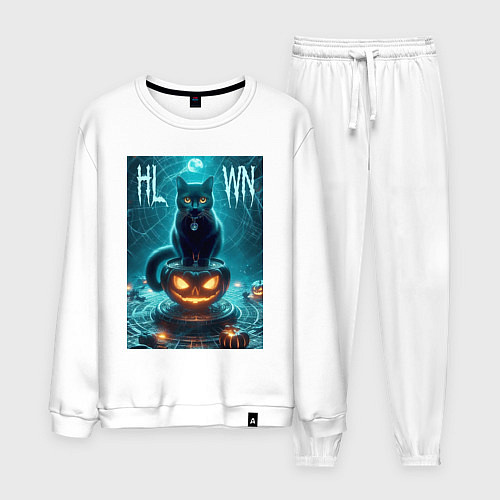 Мужской костюм Чёрный кот сидит на тыкве - хэллоуин / Белый – фото 1