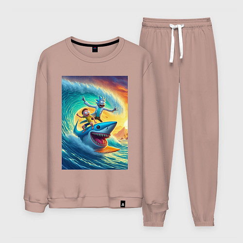 Мужской костюм Рик и Морти - сёрфинг на акуле / Пыльно-розовый – фото 1