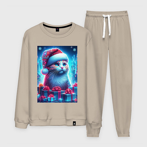 Мужской костюм Новогодний котик среди подарков / Миндальный – фото 1
