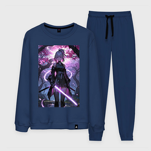 Мужской костюм Девушка с катаной на фоне цветущей сакуры / Тёмно-синий – фото 1