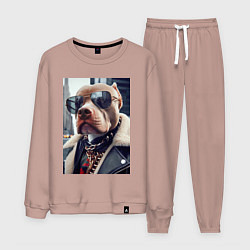 Костюм хлопковый мужской Чувак питбуль в тёмных очках, цвет: пыльно-розовый