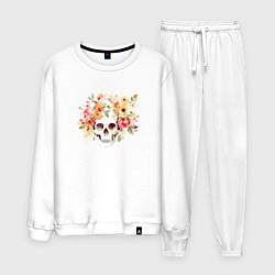 Костюм хлопковый мужской Акварельный череп с цветами, цвет: белый