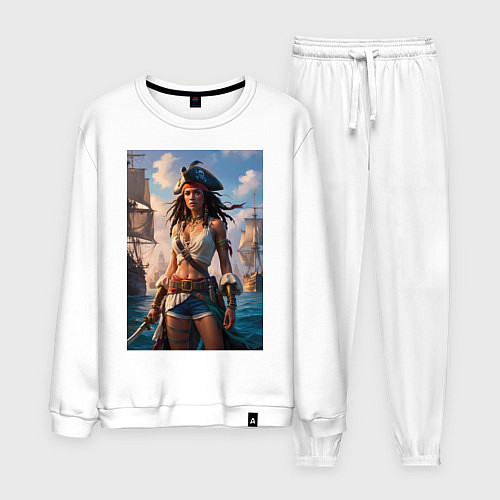 Мужской костюм Пиратка на фона флотилии кораблей / Белый – фото 1