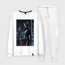 Костюм хлопковый мужской Девушка с кошачьими ушами стоит на фоне небоскребо, цвет: белый