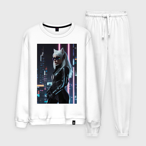 Мужской костюм Девушка с кошачьими ушами стоит на фоне небоскребо / Белый – фото 1