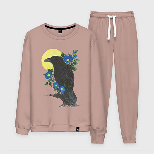 Мужской костюм Чёрный ворон на ветке под луной среди синих цветов / Пыльно-розовый – фото 1