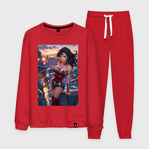 Мужской костюм Чудо-женщина с городским фоном в стиле комиксов / Красный – фото 1