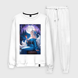 Костюм хлопковый мужской Лисица в кимоно любуется цветением глицинии, цвет: белый