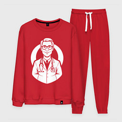 Костюм хлопковый мужской Врач с улыбкой и стетоскопом, цвет: красный
