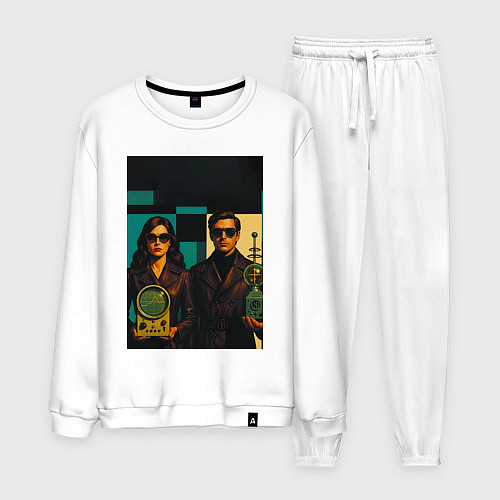 Мужской костюм Мужчина и девушка с гаджетами ретрофутуризм поп-ар / Белый – фото 1