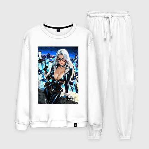 Мужской костюм Черная кошка с брилиантом на крыше здания / Белый – фото 1