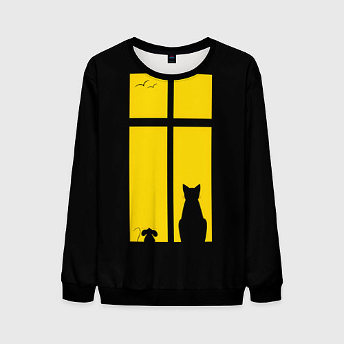 Мужской свитшот Котик в окошке / 3D-Черный – фото 1