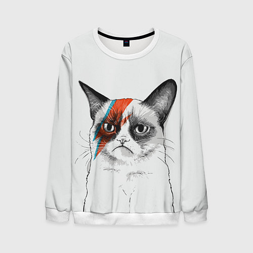 Мужской свитшот David Bowie: Grumpy cat / 3D-Белый – фото 1