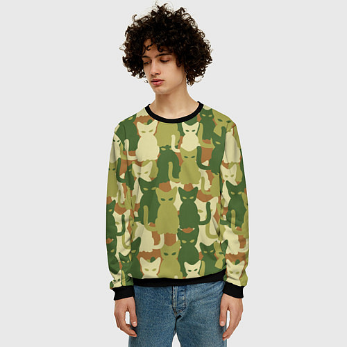 Мужской свитшот Камуфляж- зелёные кошки / 3D-Черный – фото 3