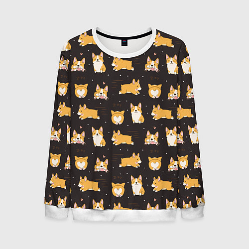 Мужской свитшот Вельш корги бемброк - забавные щенки паттерн / 3D-Белый – фото 1