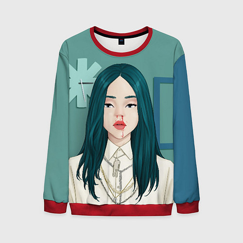 Мужской свитшот Billie Eilish: Turquoise Hair / 3D-Красный – фото 1