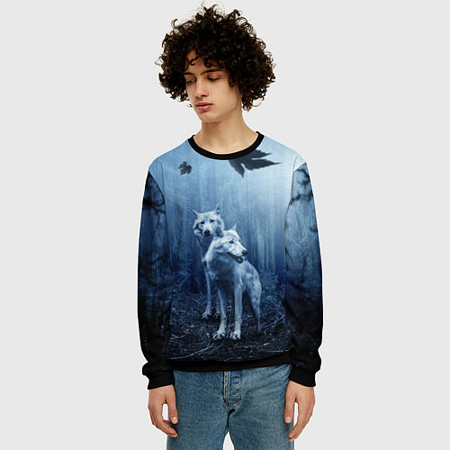 Мужской свитшот Волки в тёмном лесу / 3D-Черный – фото 3