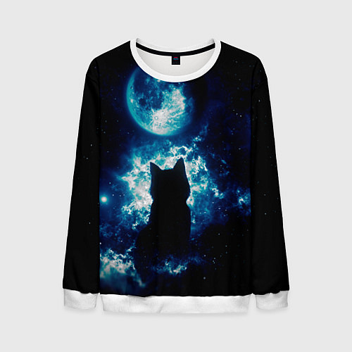 Мужской свитшот Кот силуэт луна ночь звезды / 3D-Белый – фото 1