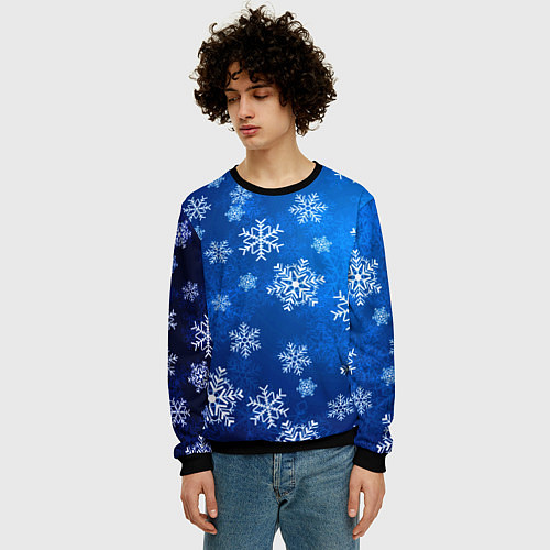 Мужской свитшот Новый Год Снежинки / 3D-Черный – фото 3