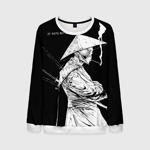 Мужской свитшот Самурай скелет с трубкой / 3D-Белый – фото 1