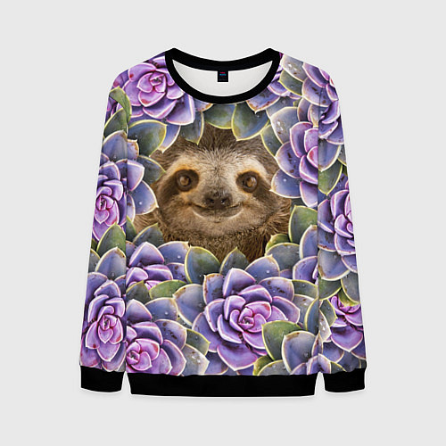 Мужской свитшот Ленивец среди цветов / 3D-Черный – фото 1