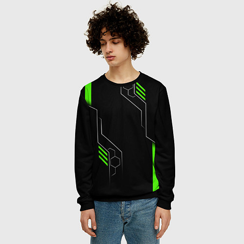Мужской свитшот ФУТУРИСТИЧНАЯ БРОНЯ ЗЕЛЕНАЯ / 3D-Черный – фото 3