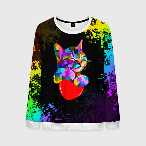 Мужской свитшот РАДУЖНЫЙ КОТИК RAINBOW KITTY / 3D-Белый – фото 1