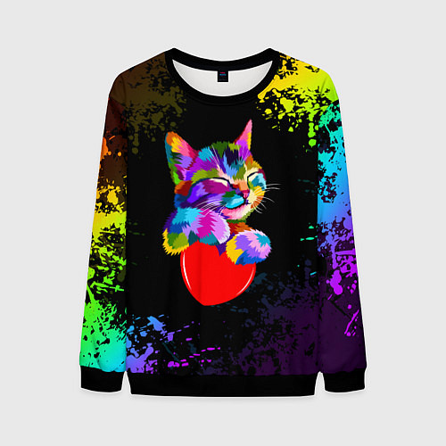 Мужской свитшот РАДУЖНЫЙ КОТИК RAINBOW KITTY / 3D-Черный – фото 1