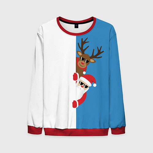 Мужской свитшот Крутые Санта и Олень / 3D-Красный – фото 1