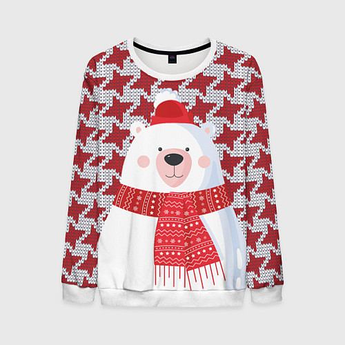 Мужской свитшот Белый мишка в шапочке и шарфе / 3D-Белый – фото 1