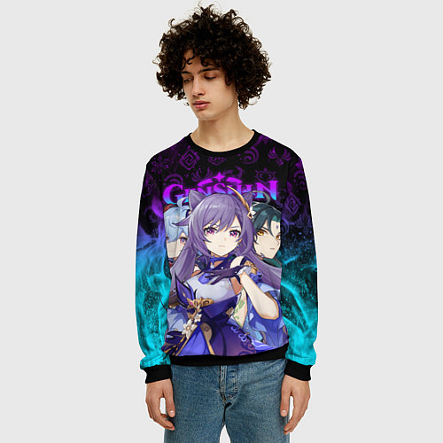 Мужской свитшот GENSHIN IMPACT ГЕРОИНИ В НЕОНОВОМ ОГНЕ NEON FIRE / 3D-Черный – фото 3