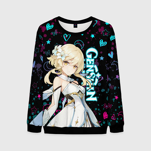 Мужской свитшот ГЕНШИН ИМПАКТ ЛЮМИН, НЕОНОВЫЕ СЕРДЕЧКИ / 3D-Черный – фото 1