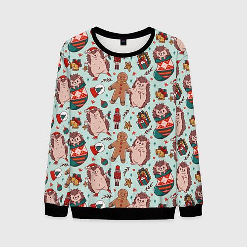 Мужской свитшот Новогодний ёжик и щелкунчик / 3D-Черный – фото 1