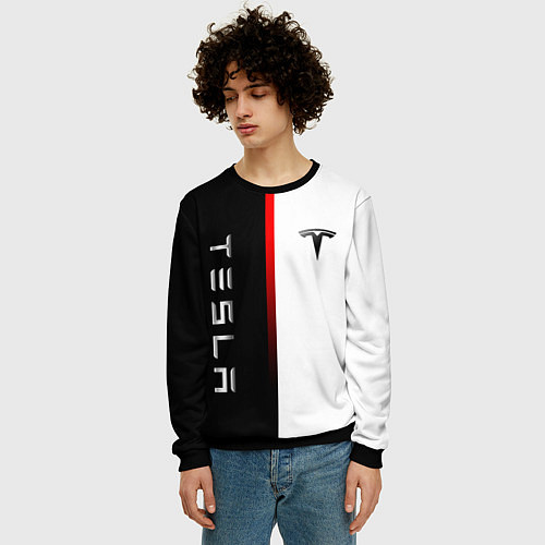 Мужской свитшот ТЕСЛА -TESLA КРАСНАЯ ЛИНИЯ МИНИМАЛИЗМ / 3D-Черный – фото 3