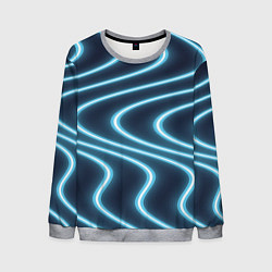 Свитшот мужской Неоновый свет Волны голубые на темном фоне, цвет: 3D-меланж