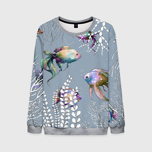 Мужской свитшот Разноцветные акварельные рыбки и белые водоросли / 3D-Меланж – фото 1