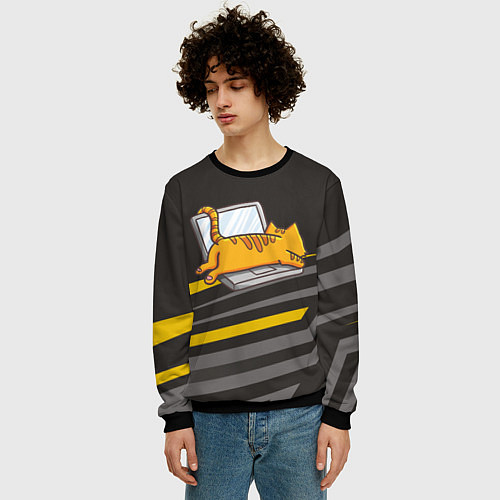 Мужской свитшот Котик лежит на ноутбуке / 3D-Черный – фото 3