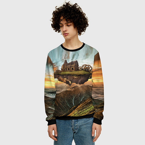 Мужской свитшот Горный пейзаж в стиле Стимпанк / 3D-Черный – фото 3