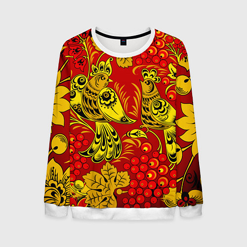 Мужской свитшот Хохломская Роспись Две Птици На Красном Фоне / 3D-Белый – фото 1