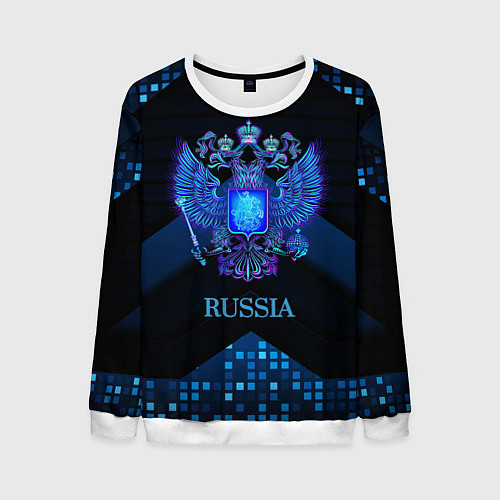 Мужской свитшот Синий неоновый герб России / 3D-Белый – фото 1