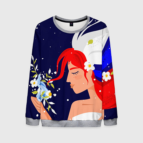 Мужской свитшот Русская девушка с триколором на волосах / 3D-Меланж – фото 1