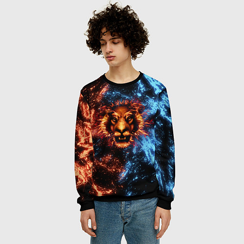 Мужской свитшот Огонь и вода - лев / 3D-Черный – фото 3