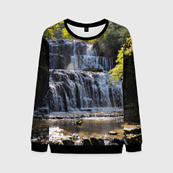 Свитшот мужской Водопад, солнечные лучи и лес, цвет: 3D-черный