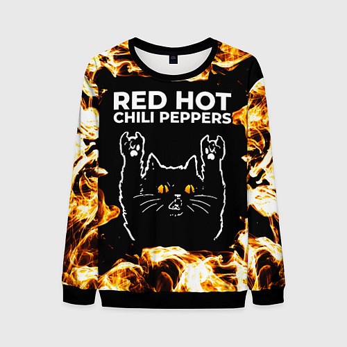 Мужской свитшот Red Hot Chili Peppers рок кот и огонь / 3D-Черный – фото 1