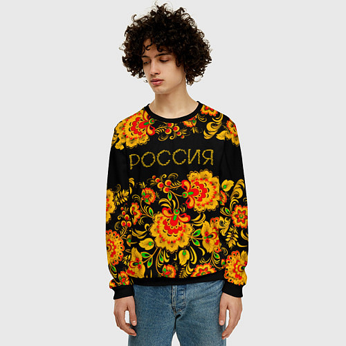 Мужской свитшот РОССИЯ роспись хохлома / 3D-Черный – фото 3