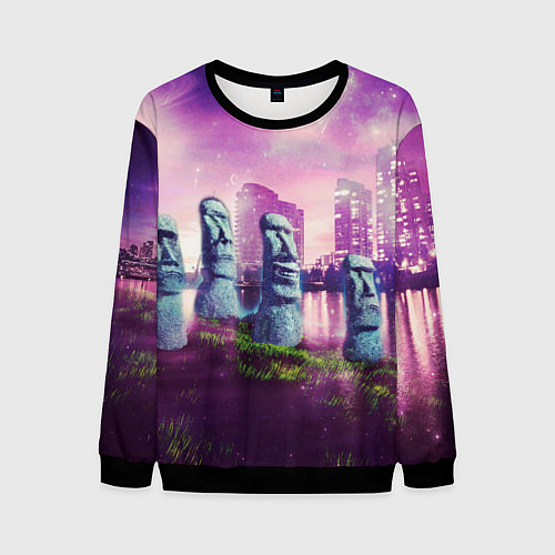 Мужской свитшот Мем камень лицо - головы Моаи / 3D-Черный – фото 1